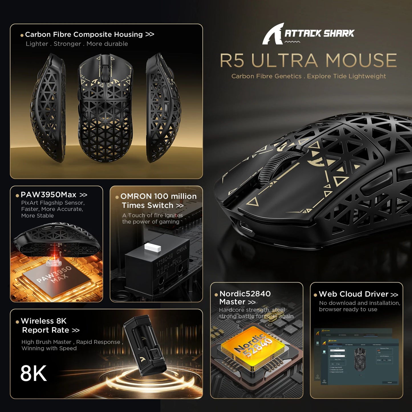 Attack Shark R5 Carbon Fiber Wireless Gaming Mouse