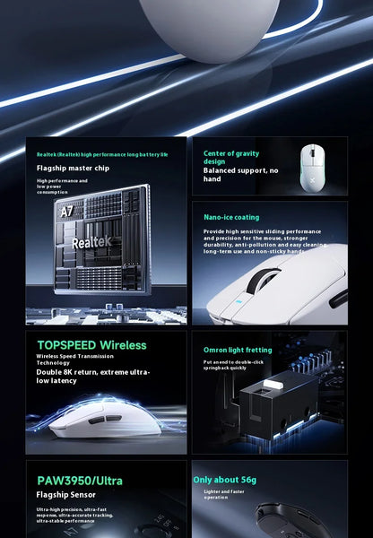 MCHOSE A7 Ultra Lightweight Wireless Bluetooth Mouse for Gaming And Office 3-Mode Professional Electronic Laptop Mouse Paw3395