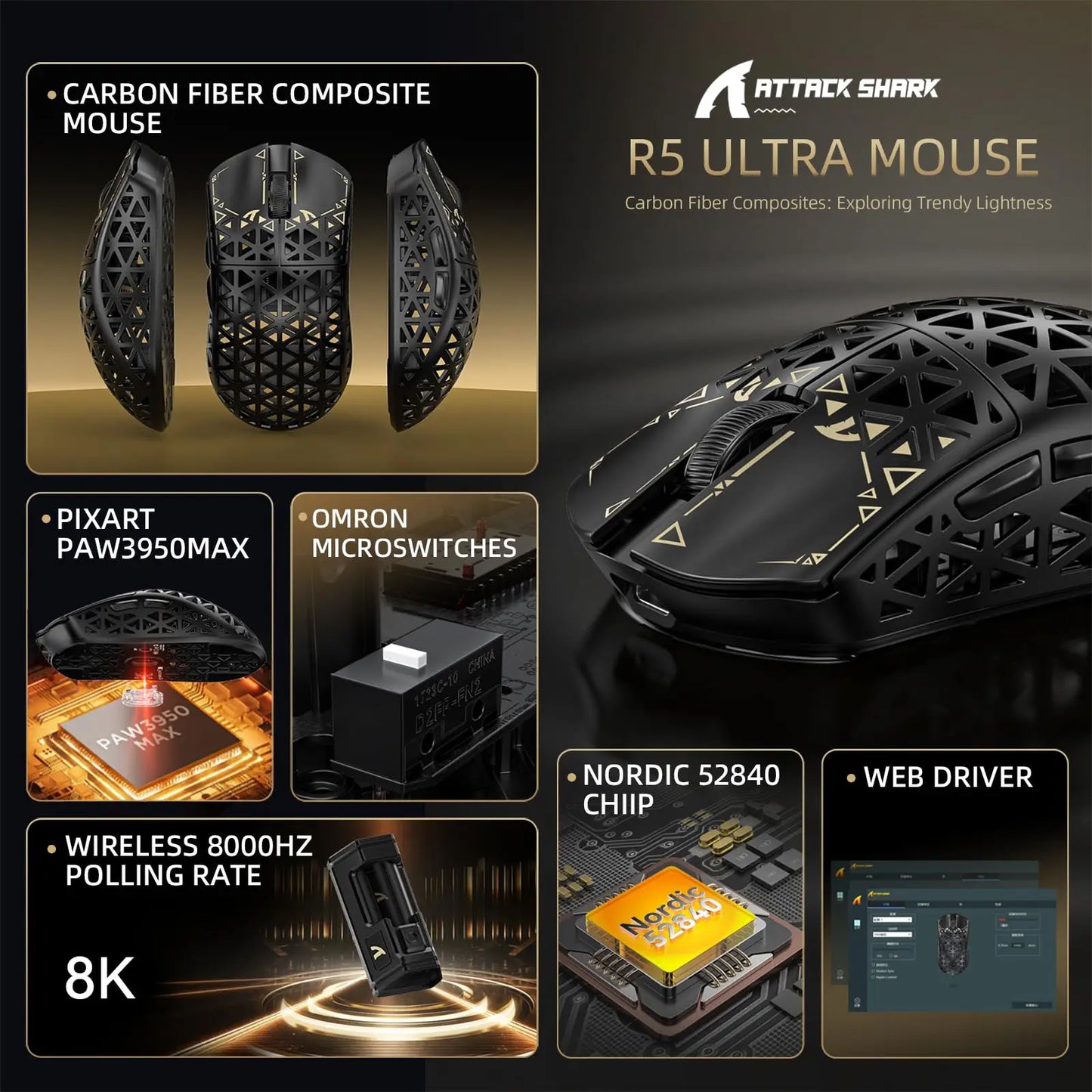 ATTACK SHARK R5 Ultra Carbon Fiber Wireless Gaming Mouse